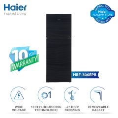 Haier 11 Cu Ft/E-Star HNries/ HRF-306 EPC(Deepest Freeze +Direct Cool+ 1 Hour Icing Technology +Wide Voltage+ Glass Door) Black Colour/Refrigerator/ 10 Years Warranty. HN